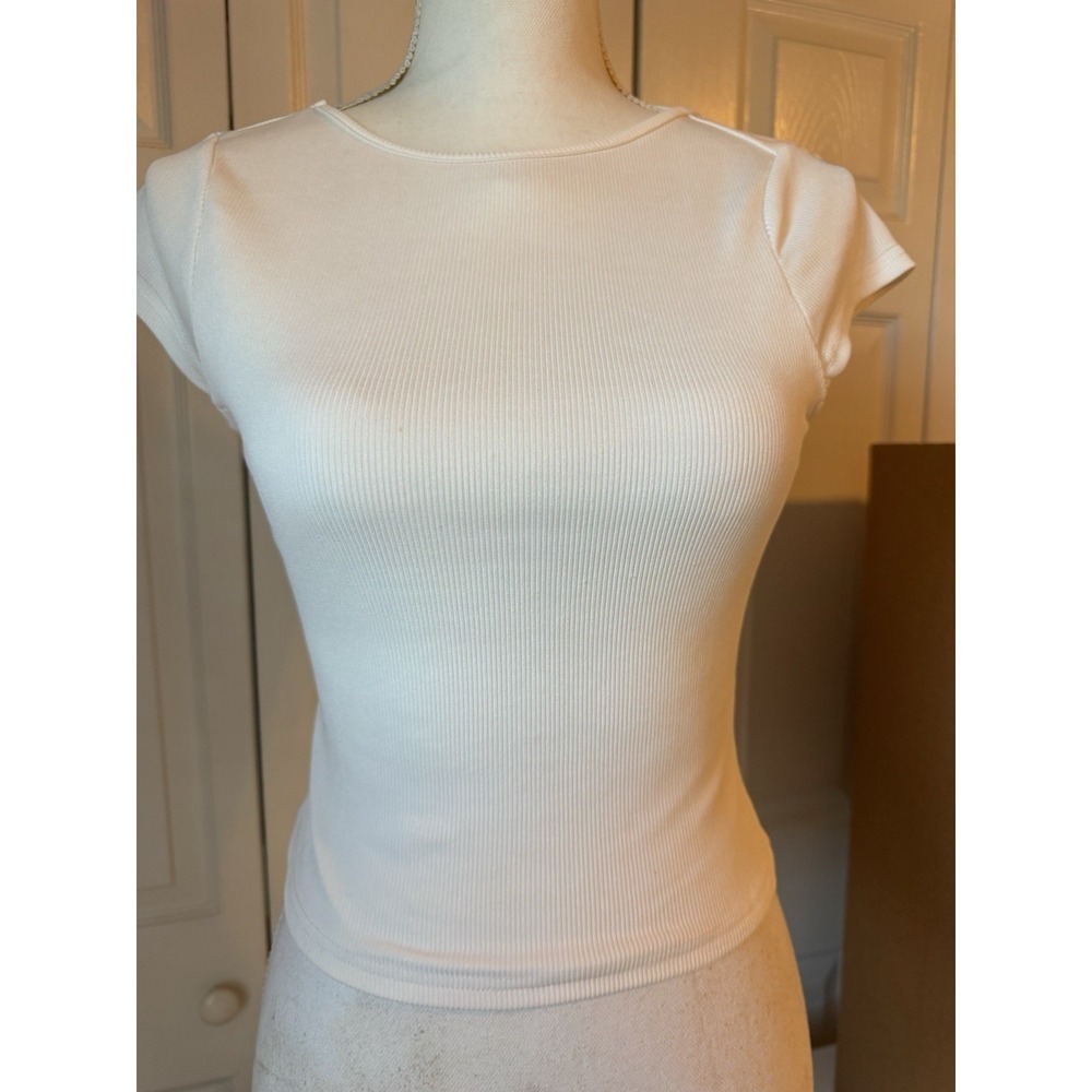 Princess Polly XX White Ribbed Backless Short Sleeve Tee Size 4 EUC